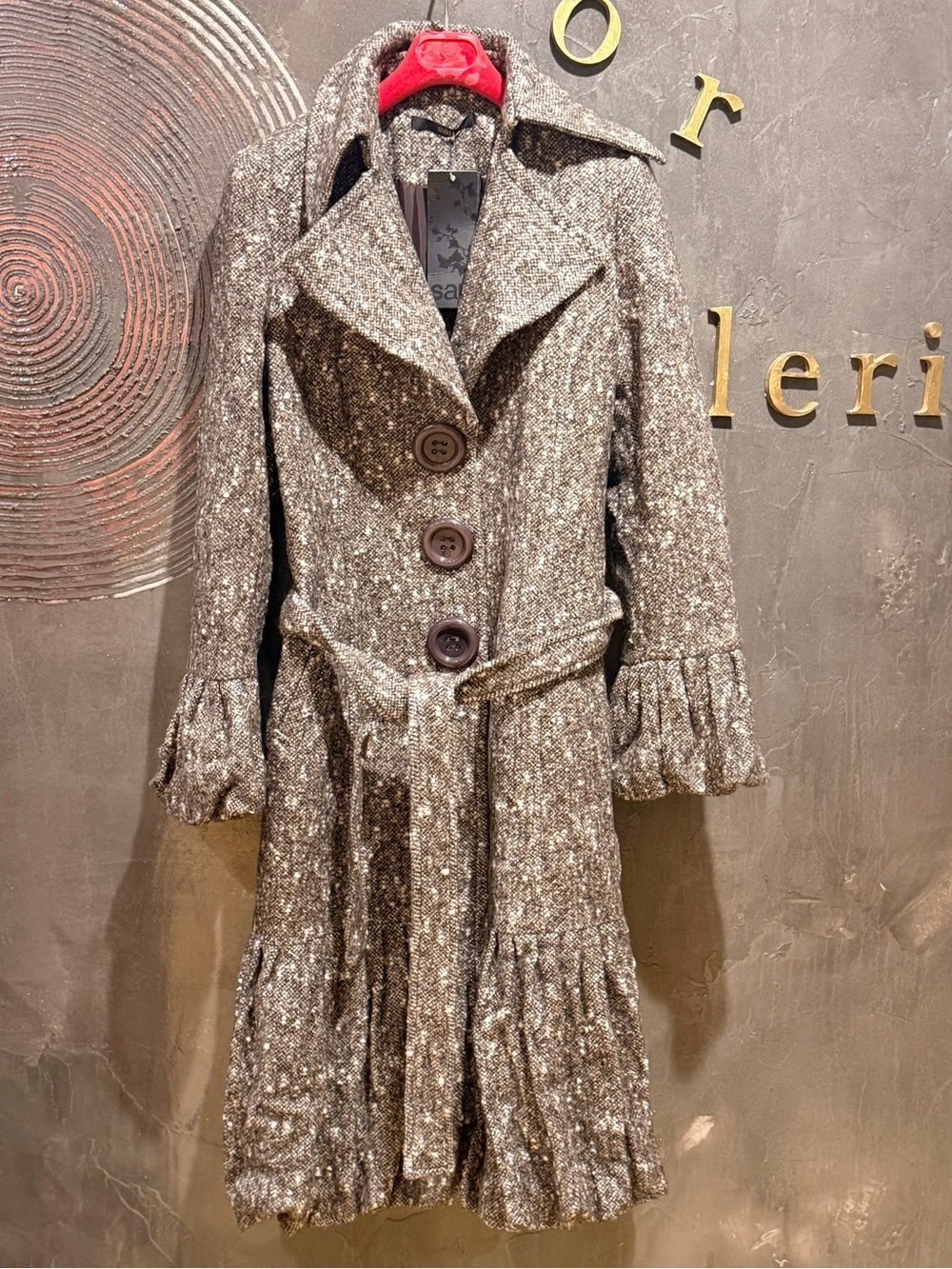 Vintage Textured Ruffle Hem Button Front long Coat in Brown NWT size S